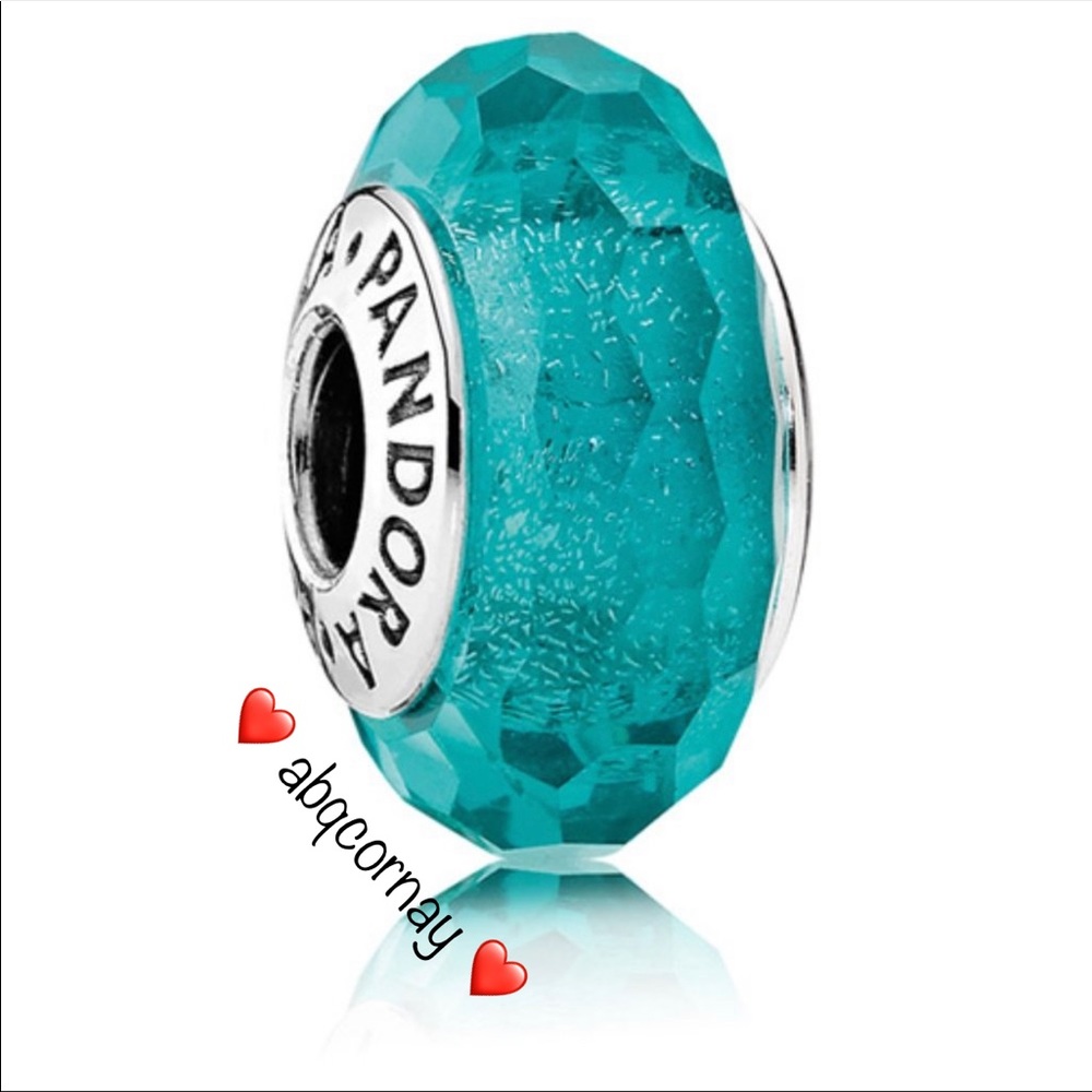 EUC Pandora 791655 Sterling Silver Teal Shimmer Faceted Murano Glass Charm